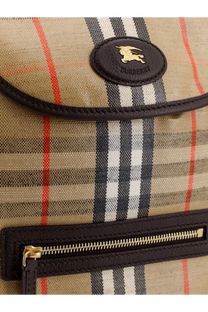 Burberry men’s Highlands beige checkered canvas backpack with black red pattern brown leather trim and gold-tone zipper