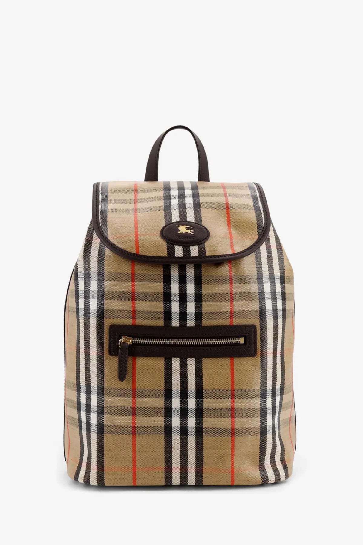 Burberry men’s Highlands coated canvas backpack in beige black white and red plaid with brown leather trim and gold logo plaque