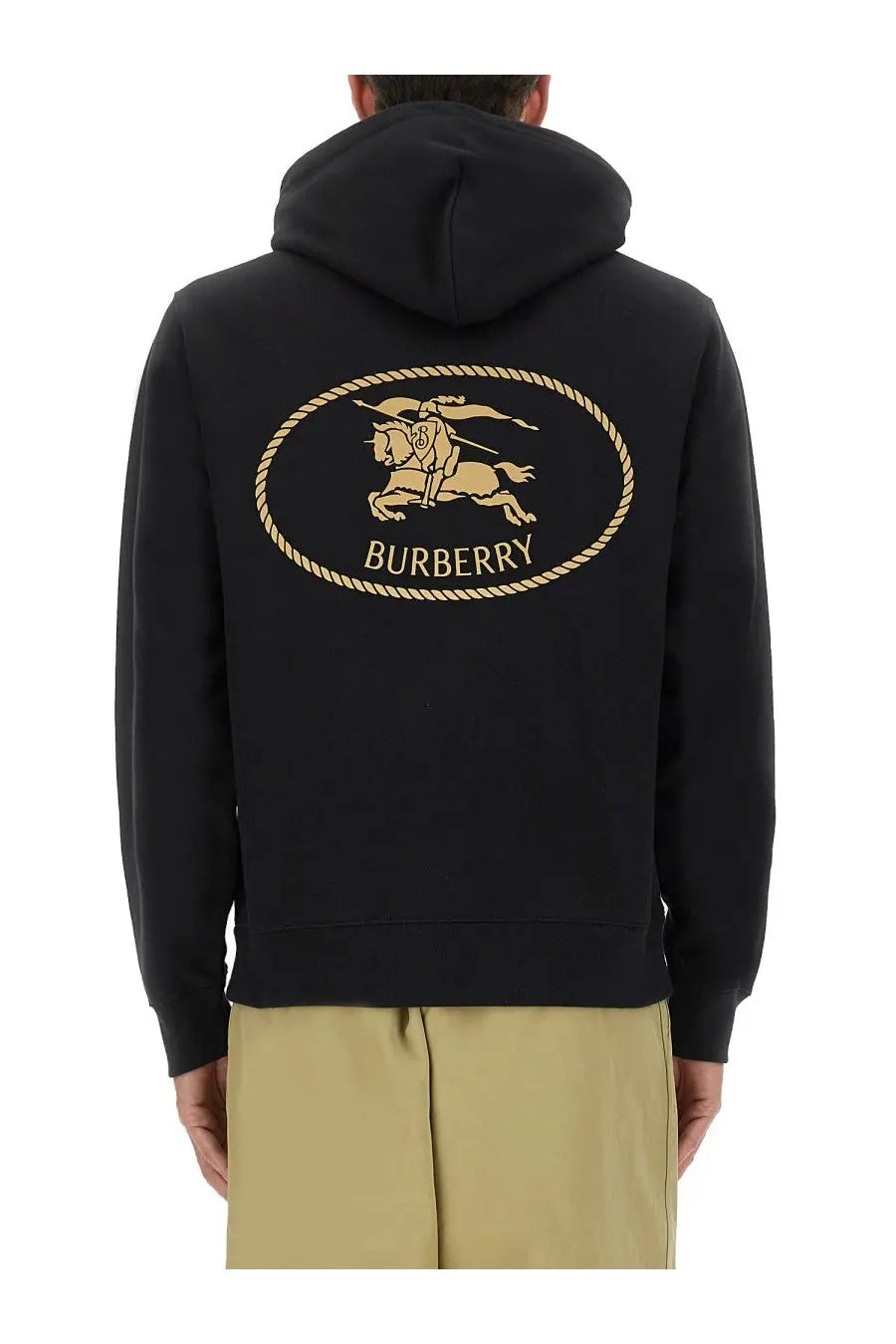 Black Burberry men’s hoodie featuring a gold embroidered horse and rider logo within an oval rope border