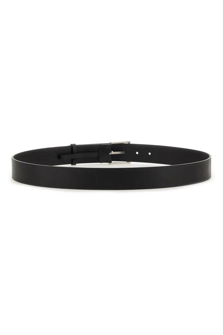 Burberry men’s black leather belt with a sleek silver-toned buckle for a stylish and classic look