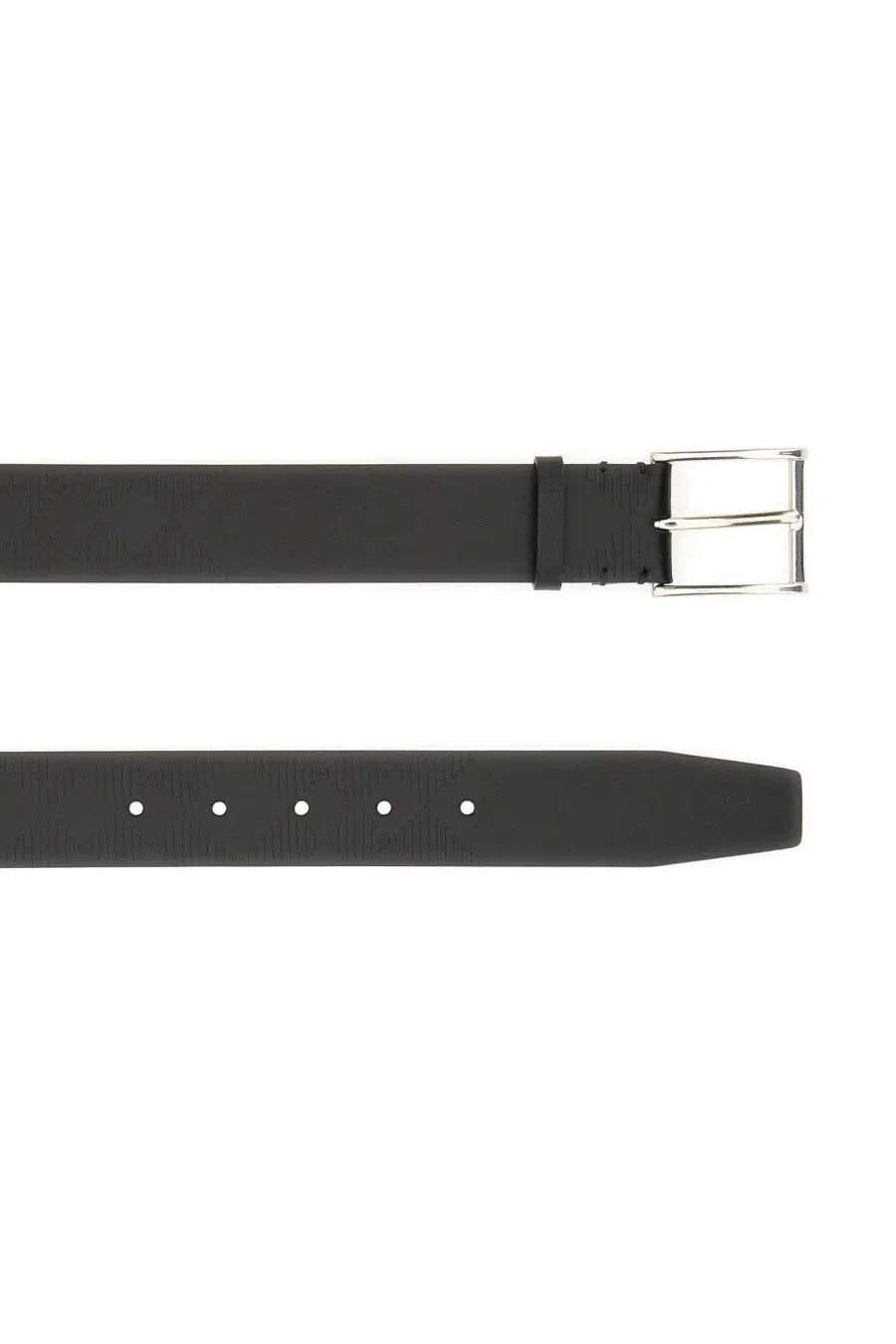 Burberry men’s leather belt black with textured leather and silver-toned double prong buckle