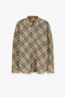 Burberry men’s beige linen shirt with black and red plaid long sleeves and classic collar button-up design