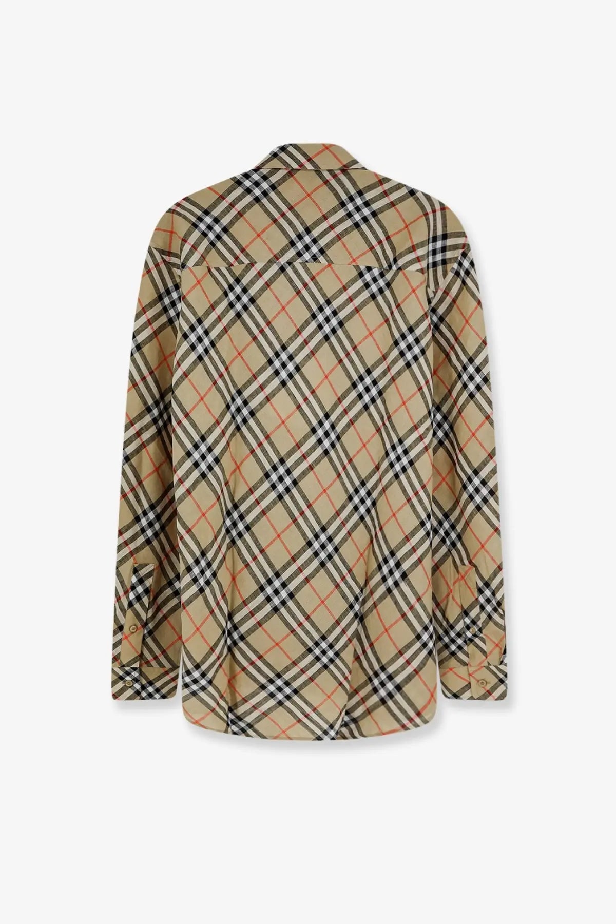Beige black and red plaid long-sleeved Burberry men’s linen shirt with classic collar for casual wear
