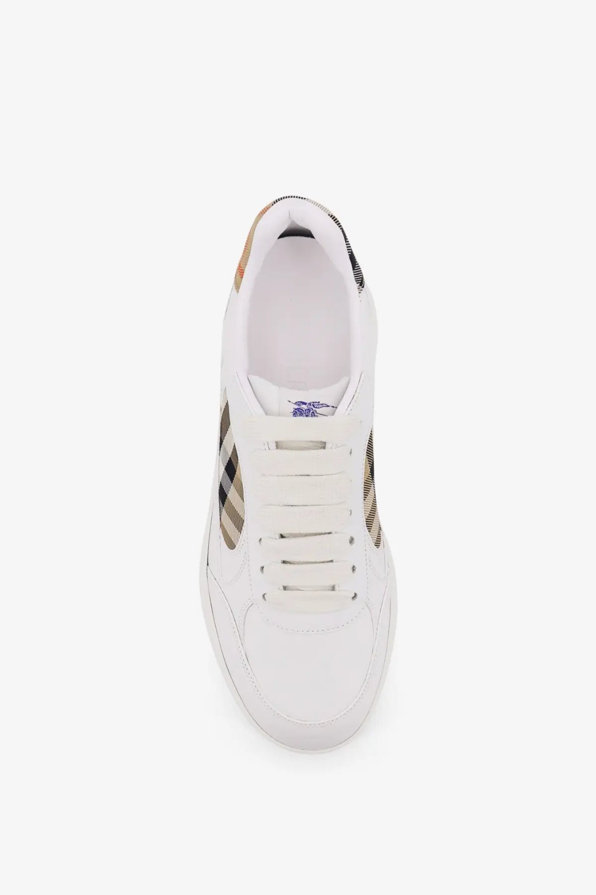 Burberry men’s low top leather sneaker in white with beige and black checkered accents on sides and heel back view