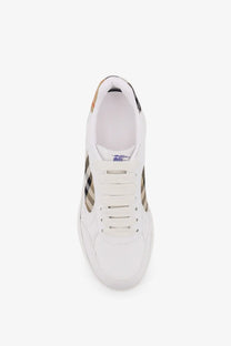 Burberry men’s low top leather sneaker in white with beige and black checkered accents on sides and heel back view