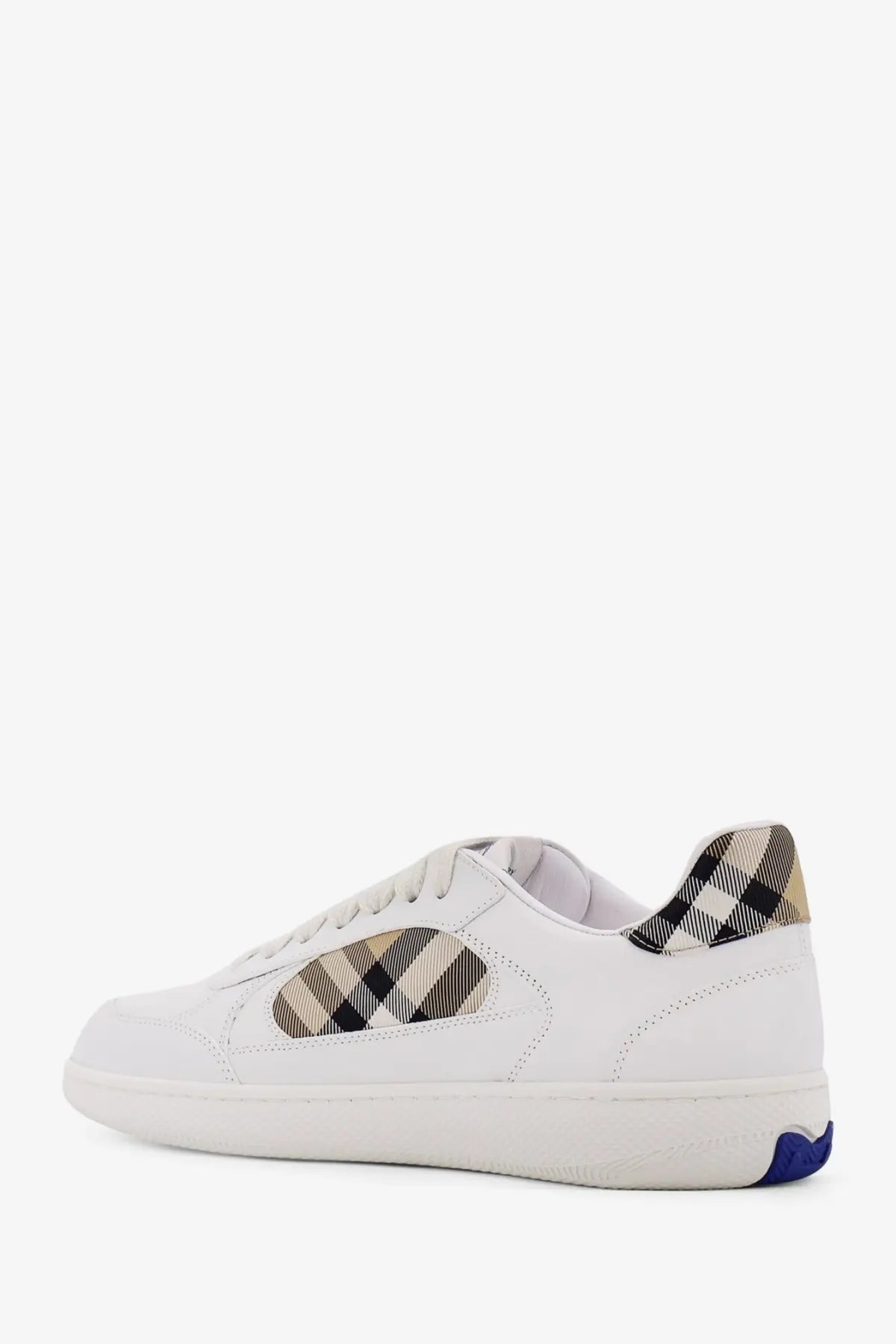 Burberry men’s low top white leather sneakers with beige black tan check side panel and vibrant blue rubber toe cap