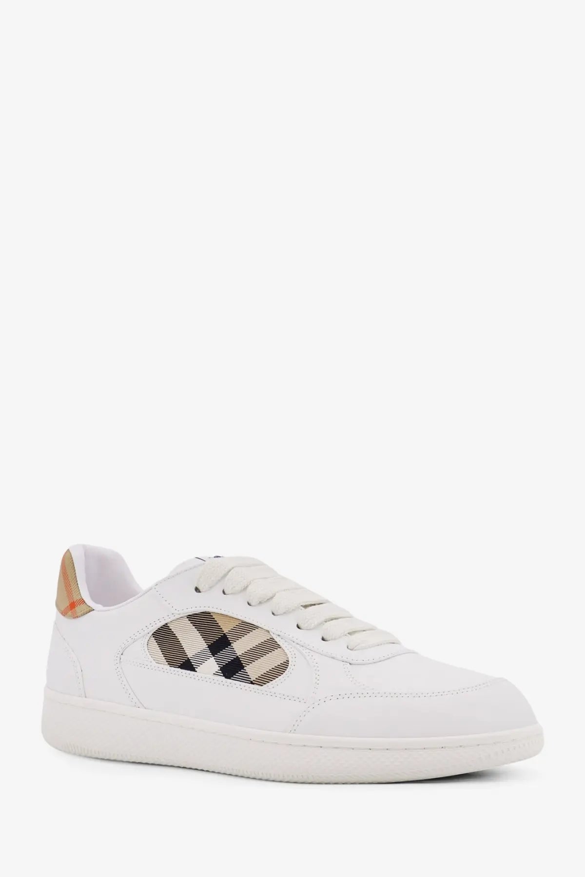 Burberry men’s low top white leather sneaker with distinctive checkered pattern on the side and heel tab back view
