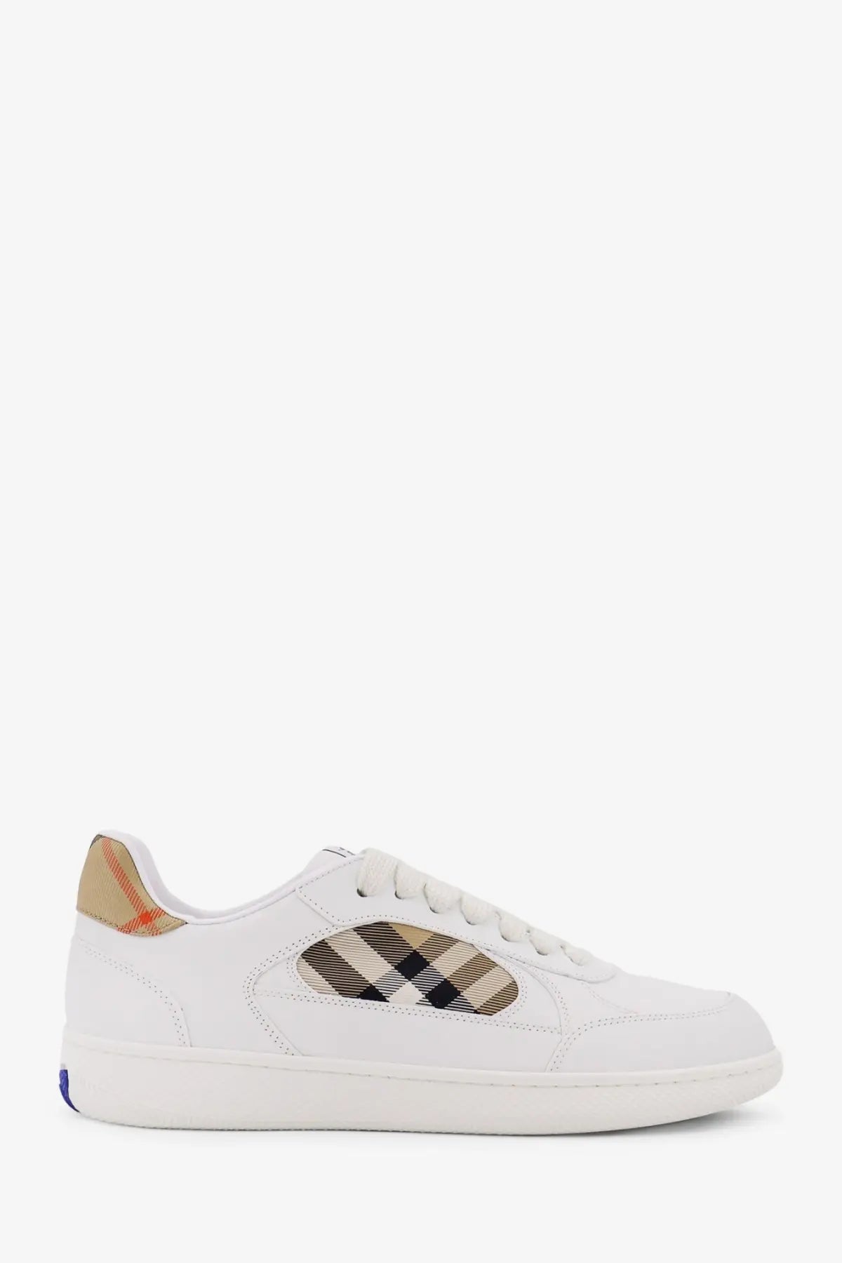 Burberry men’s low top white leather sneaker with distinctive beige black and orange check pattern on side panel