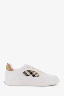 Burberry men’s low top white leather sneaker with distinctive beige black and orange check pattern on side panel