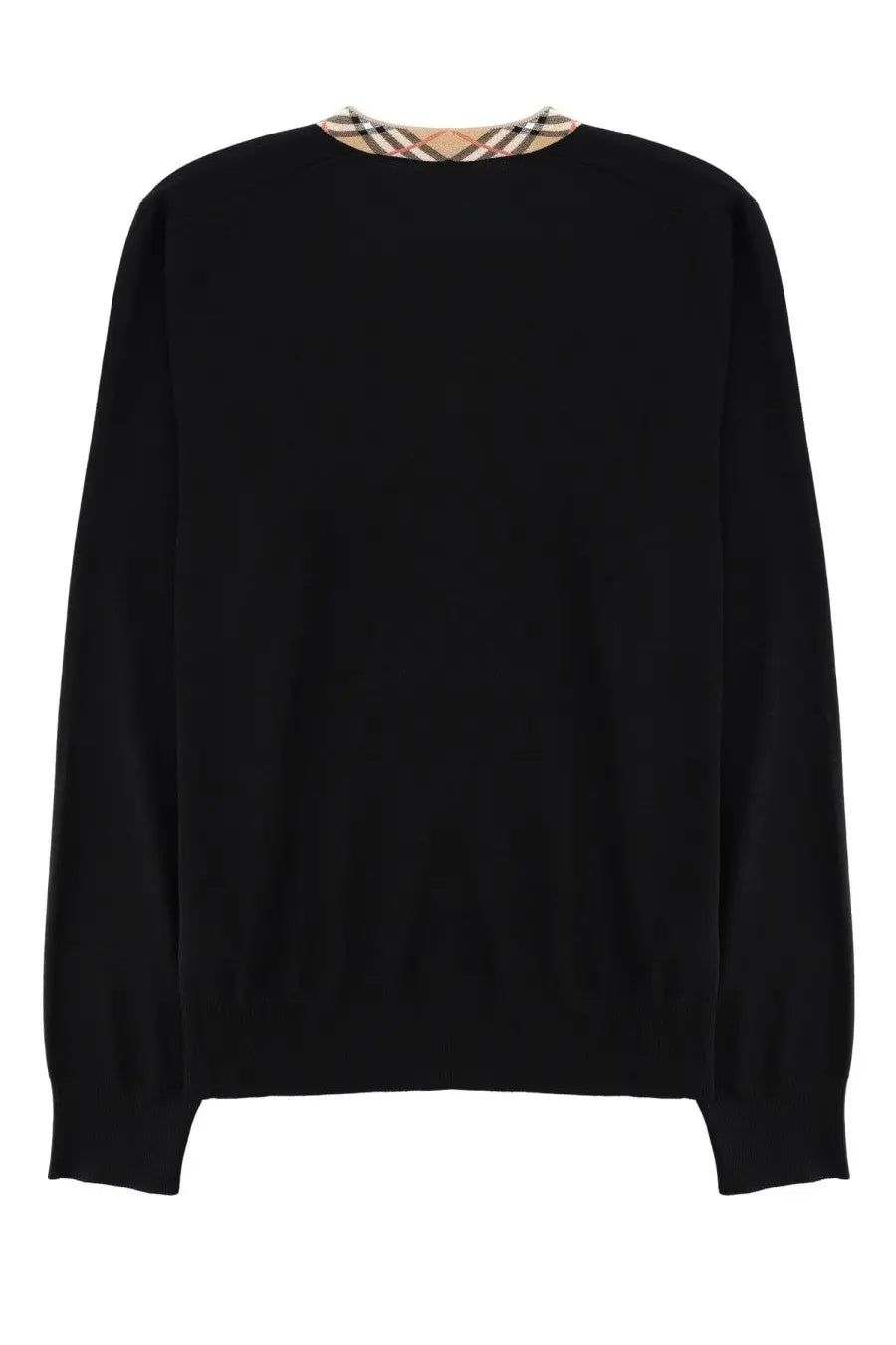 Black cashmere Burberry men’s sweater with classic check-patterned collar in lana merino wool