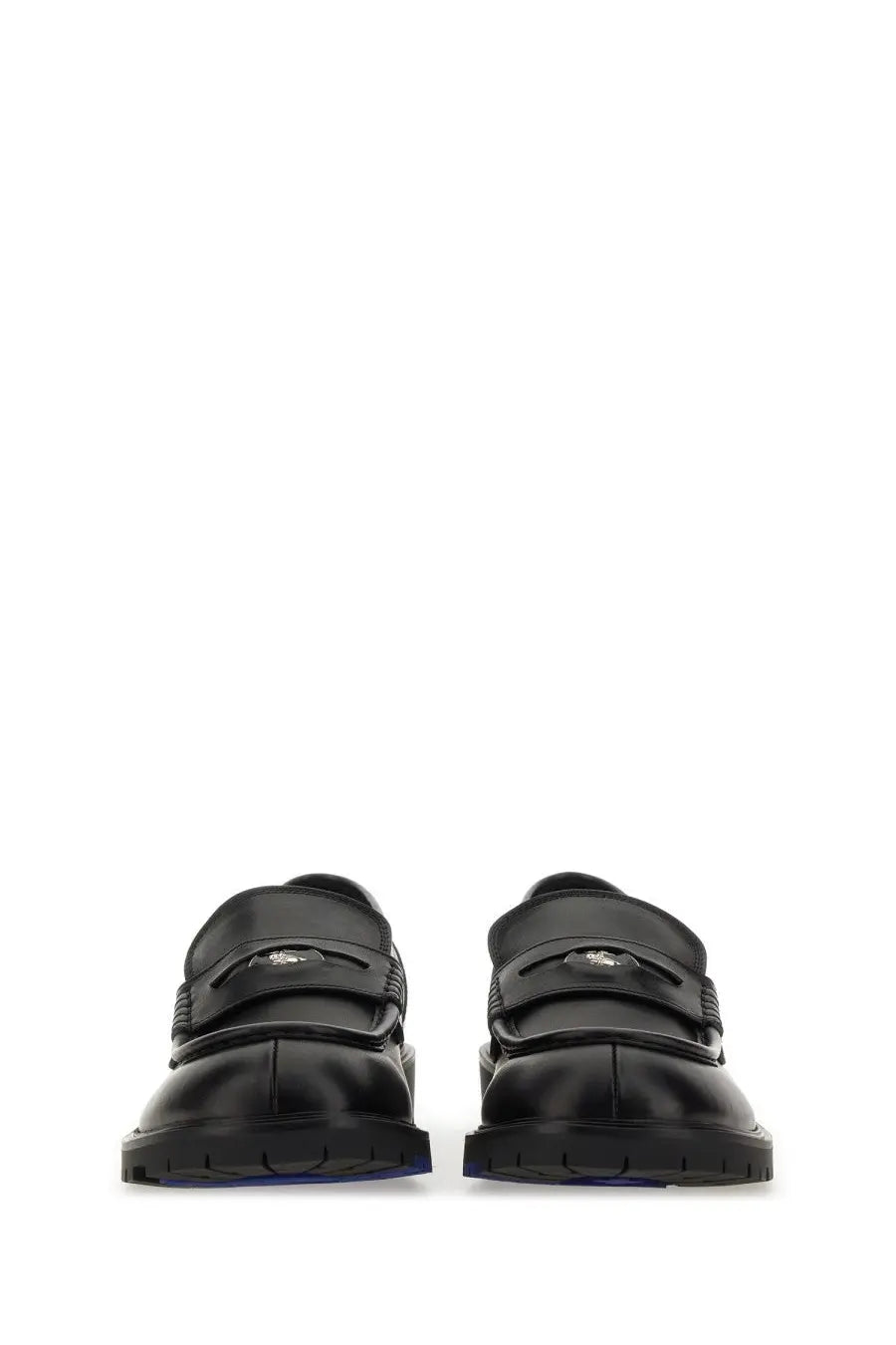 Burberry men’s moccasin rogue black leather loafers with glossy finish and distinctive blue rubber soles