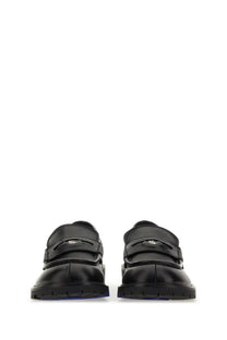 Burberry men’s moccasin rogue black leather loafers with glossy finish and distinctive blue rubber soles