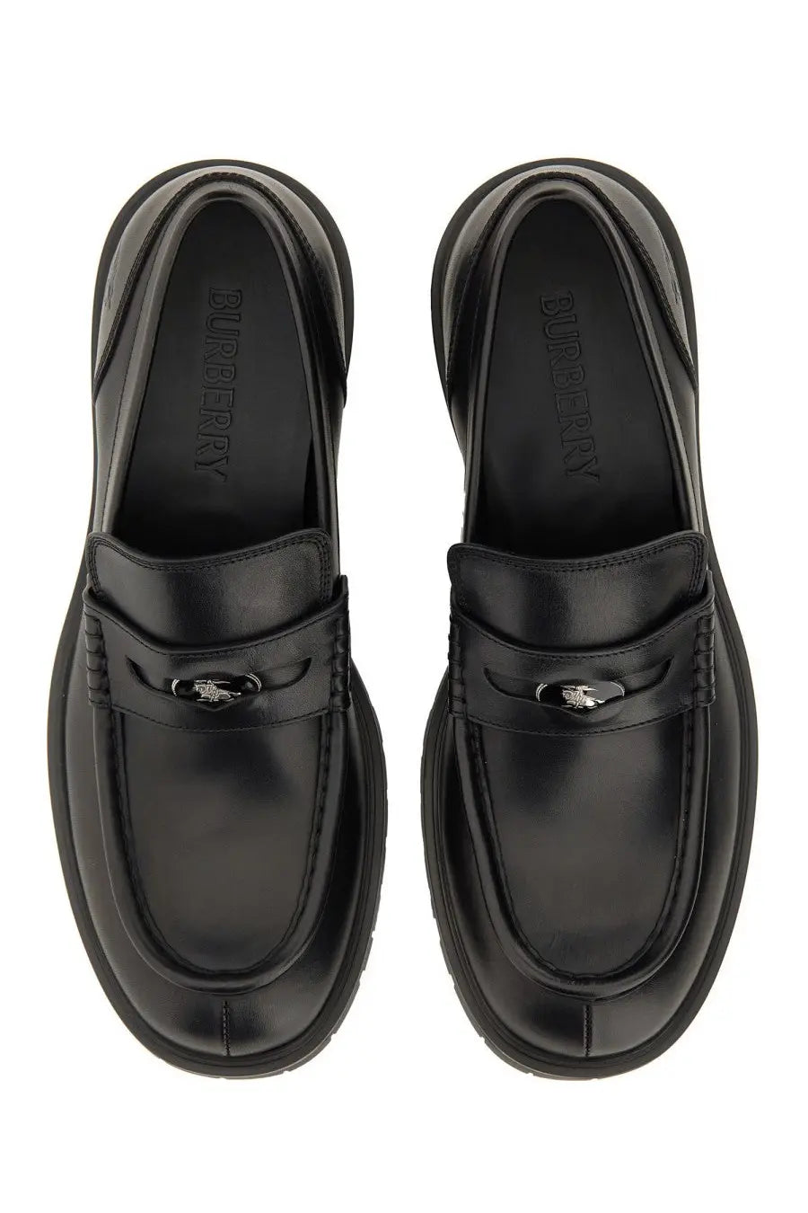 Black leather burberry men’s moccasin rogue loafers with polished finish and silver-toned logo buckle