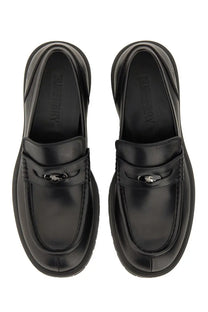 Black leather burberry men’s moccasin rogue loafers with polished finish and silver-toned logo buckle