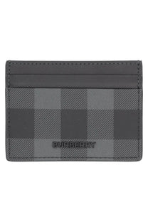 Burberry men’s portacarte check grey card holder in gray checkered fabric with stitched edges and embossed logo