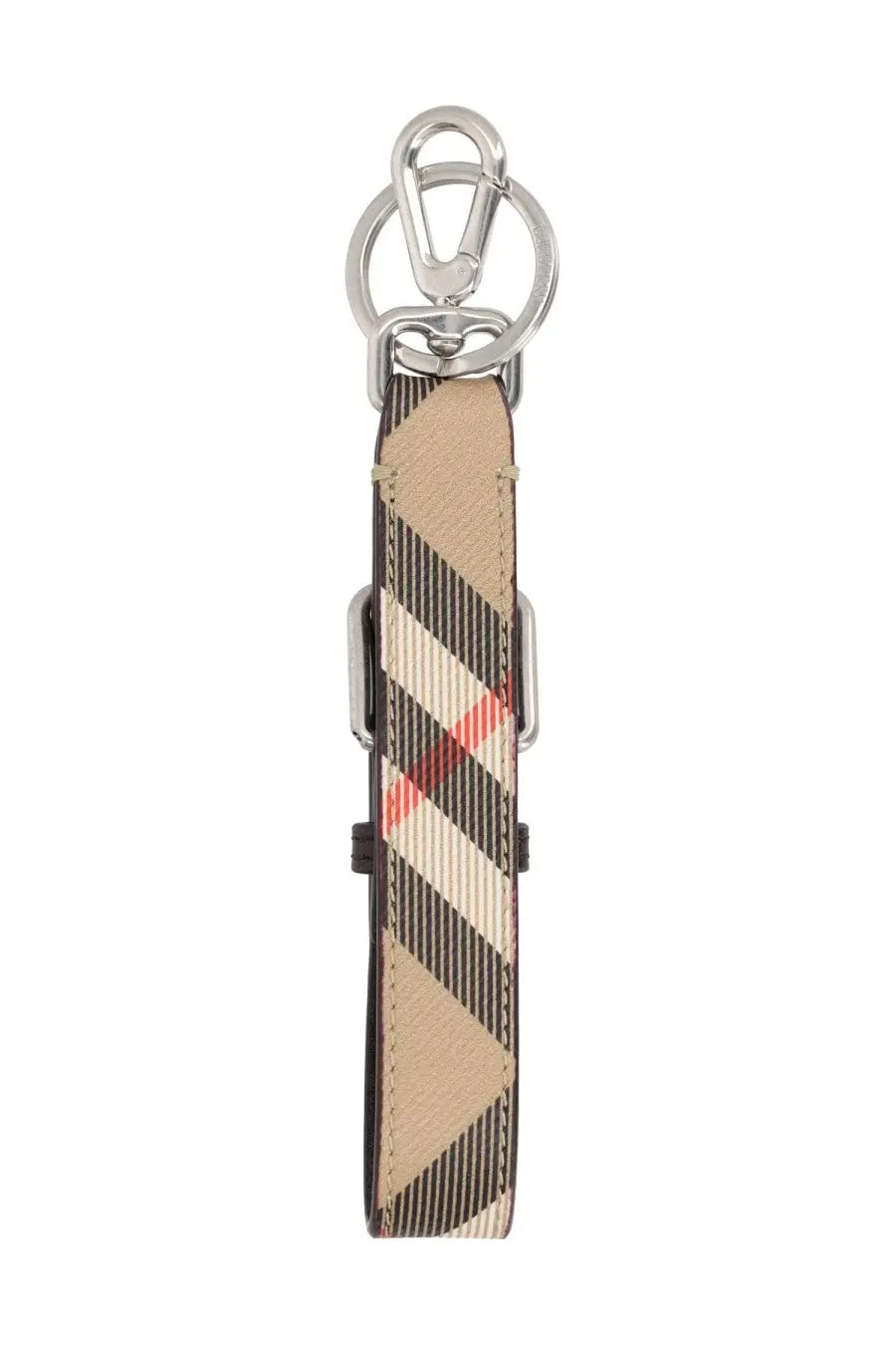Burberry men’s portachiavi continental check keychain with beige black red stripes and silver metal clasp