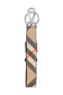 Burberry men’s portachiavi continental check keychain with beige black red stripes and silver metal clasp