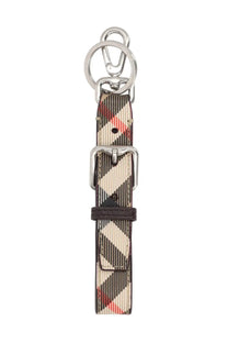 A burberry men’s portachiavi continental check keychain in beige black and red canvas with silver metal hardware