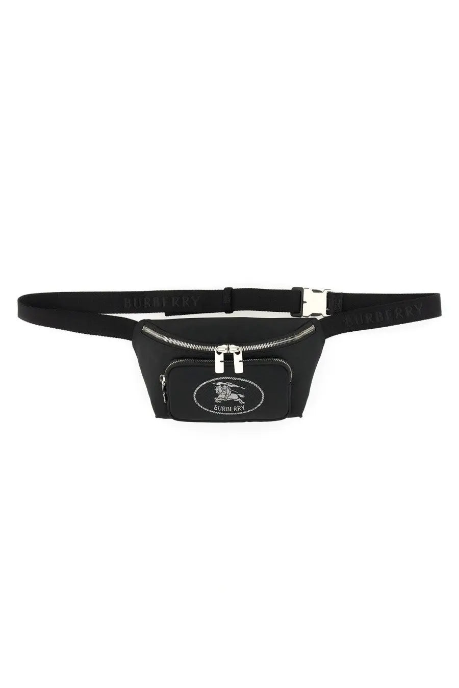 Burberry men’s pouch orkney black waist bag with silver-toned hardware and embroidered logo on the front