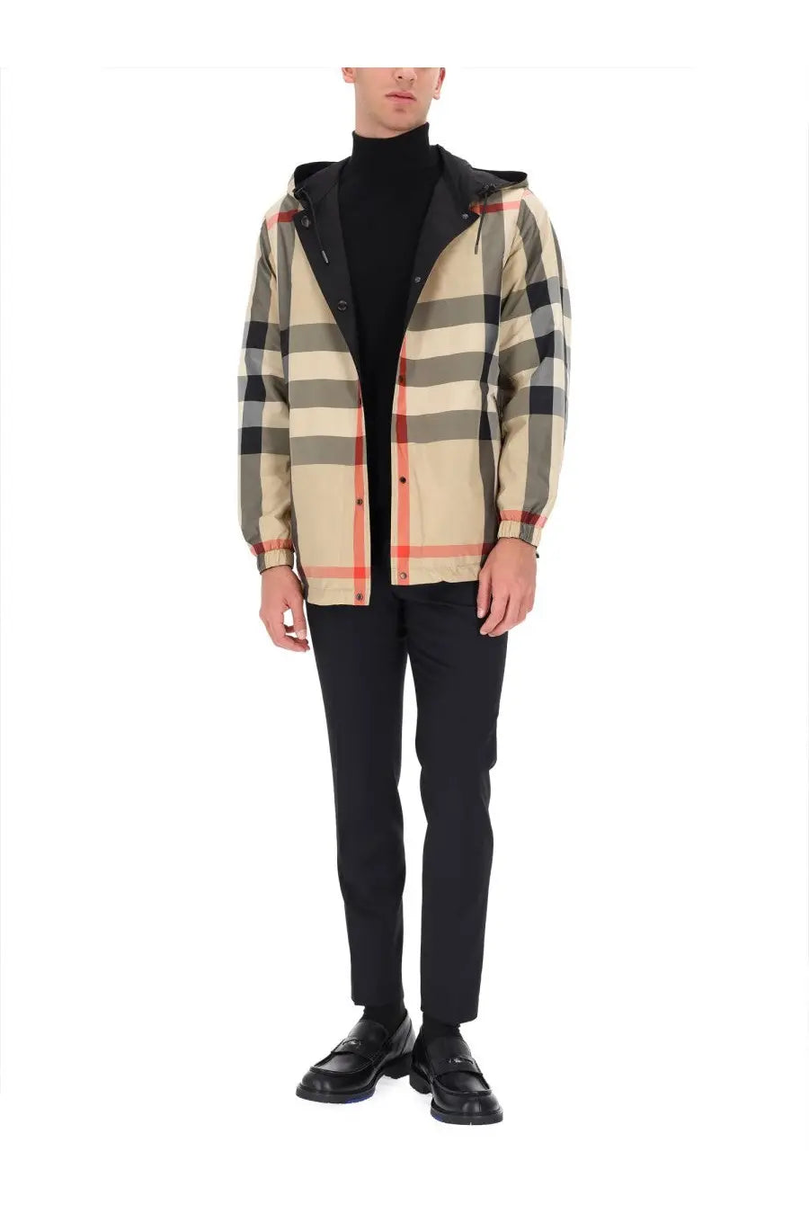 Burberry men’s reversible check jacket in beige black and red with a hood and black contrasting inner lining