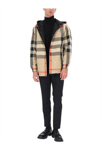 Burberry men’s reversible check jacket in beige black and red with a hood and black contrasting inner lining