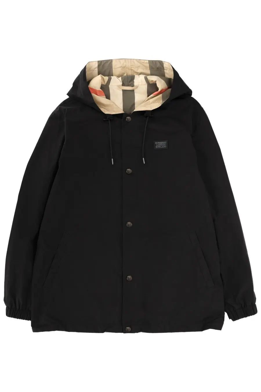 Burberry men’s reversible check jacket black with distinctive beige gray and red striped interior lining