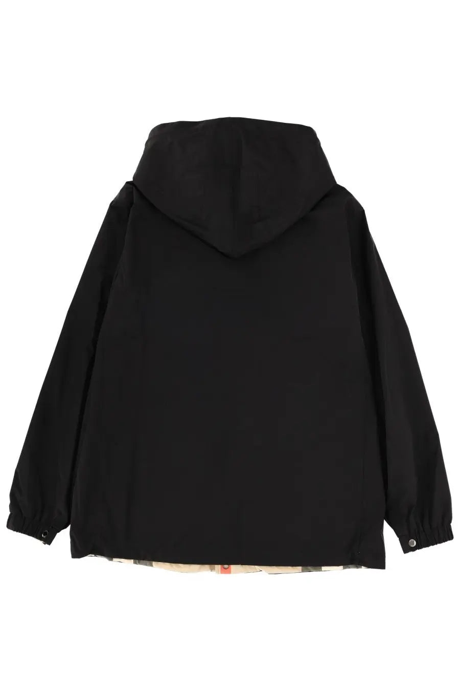 Black hooded burberry men’s reversible check jacket showing subtle pattern at the hemline