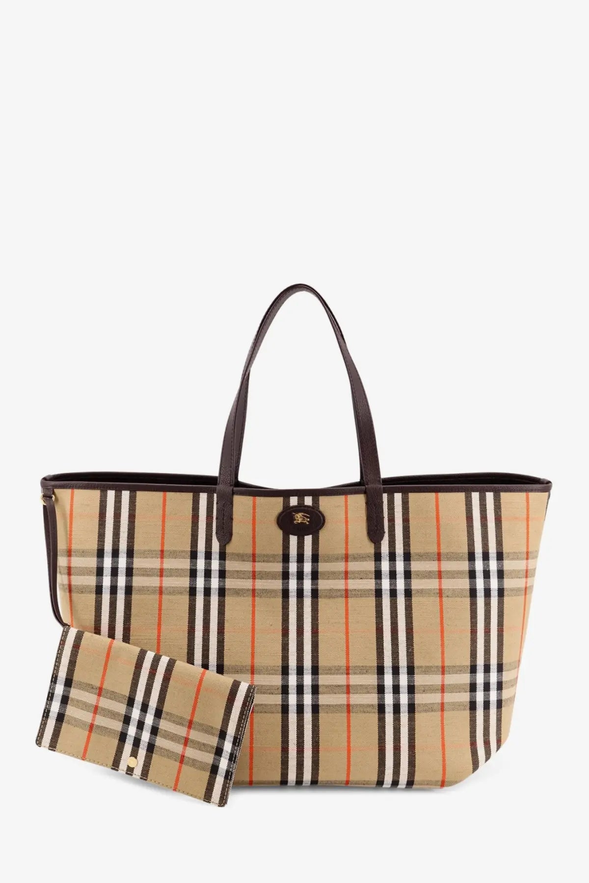 Beige and black checkered canvas burberry men’s reversible shopping bag with brown leather handles and gold-tone logo clasp