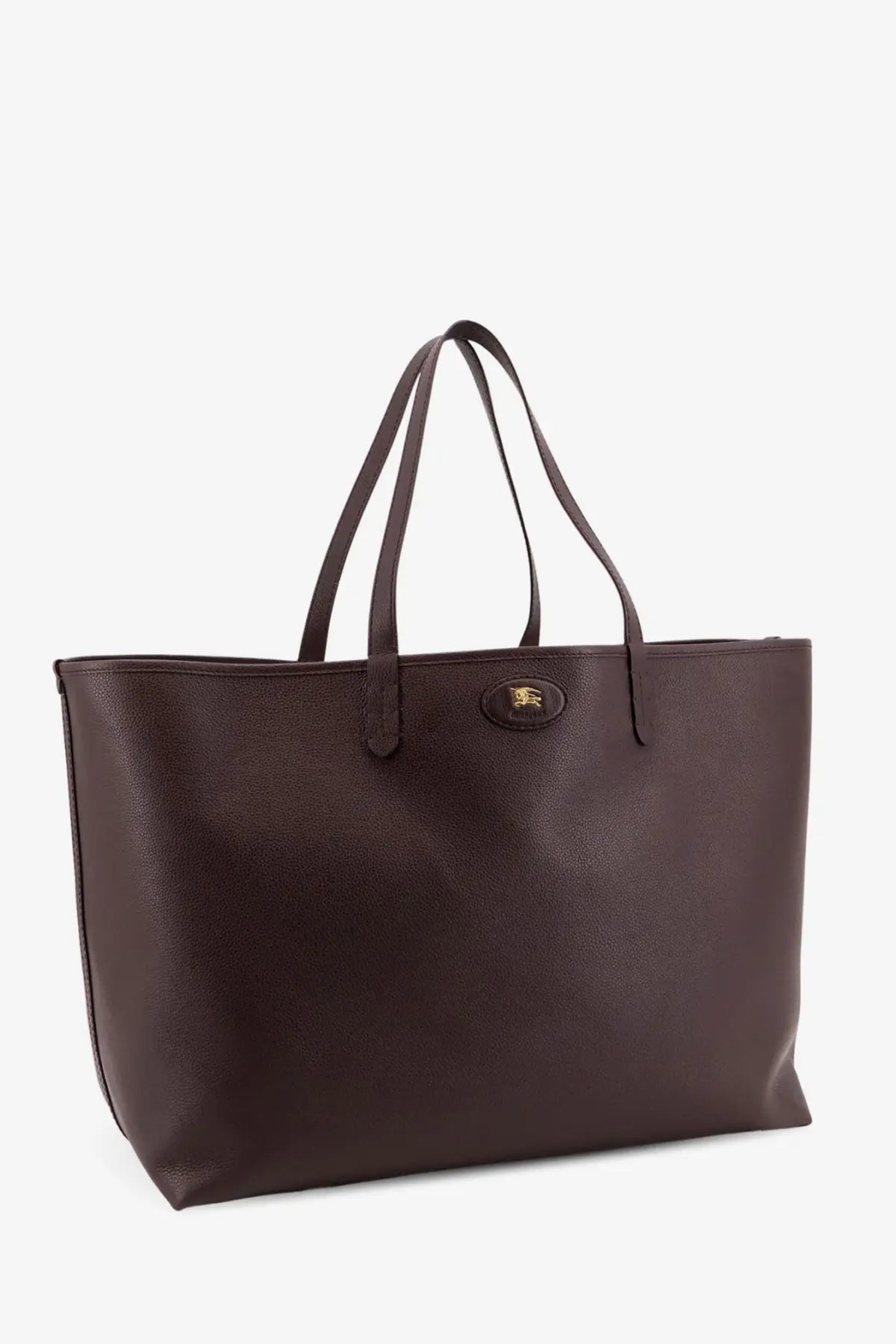 Burberry men’s reversible shopping bag beige brown leather tote with gold-tone logo plaque on front