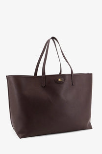 Burberry men’s reversible shopping bag beige brown leather tote with gold-tone logo plaque on front