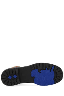 Blue embossed horse logo on black rubber sole of burberry men’s rogue leather boot black back side view