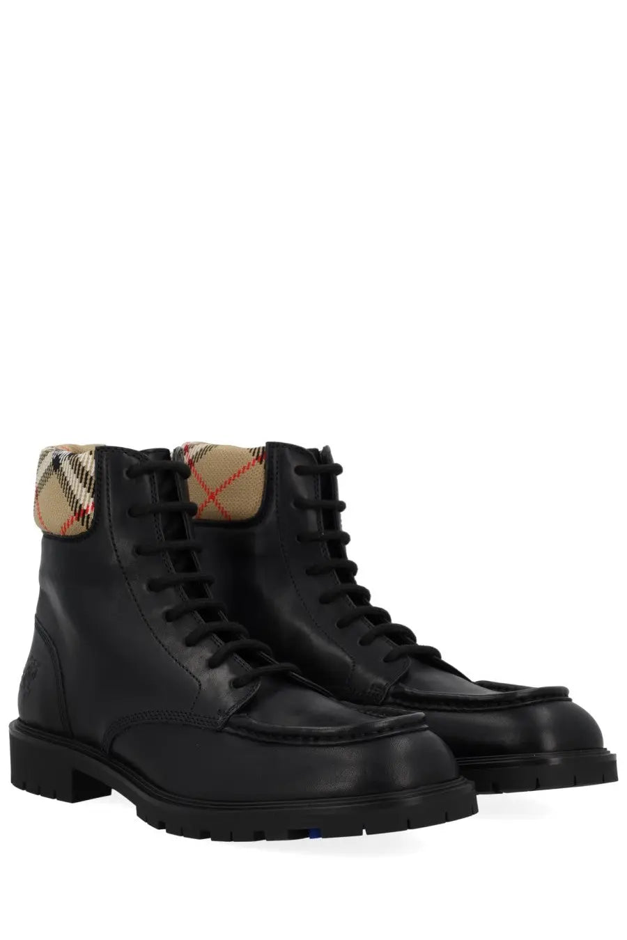 Burberry men’s rogue black leather combat boots with distinctive beige red and black checkered collar lining