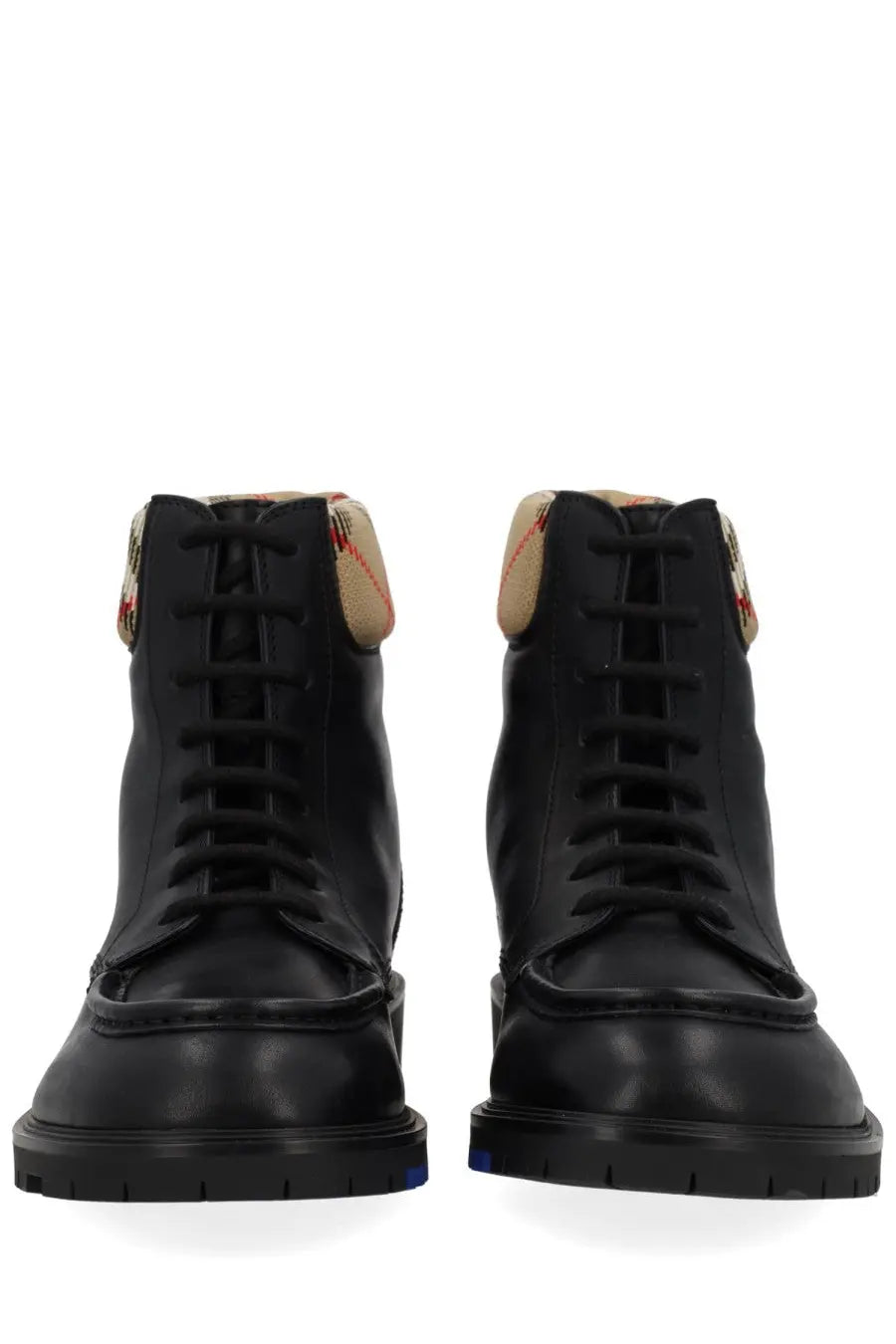 Burberry men’s rogue black leather high-top boots with beige and red checkered lining at the collar