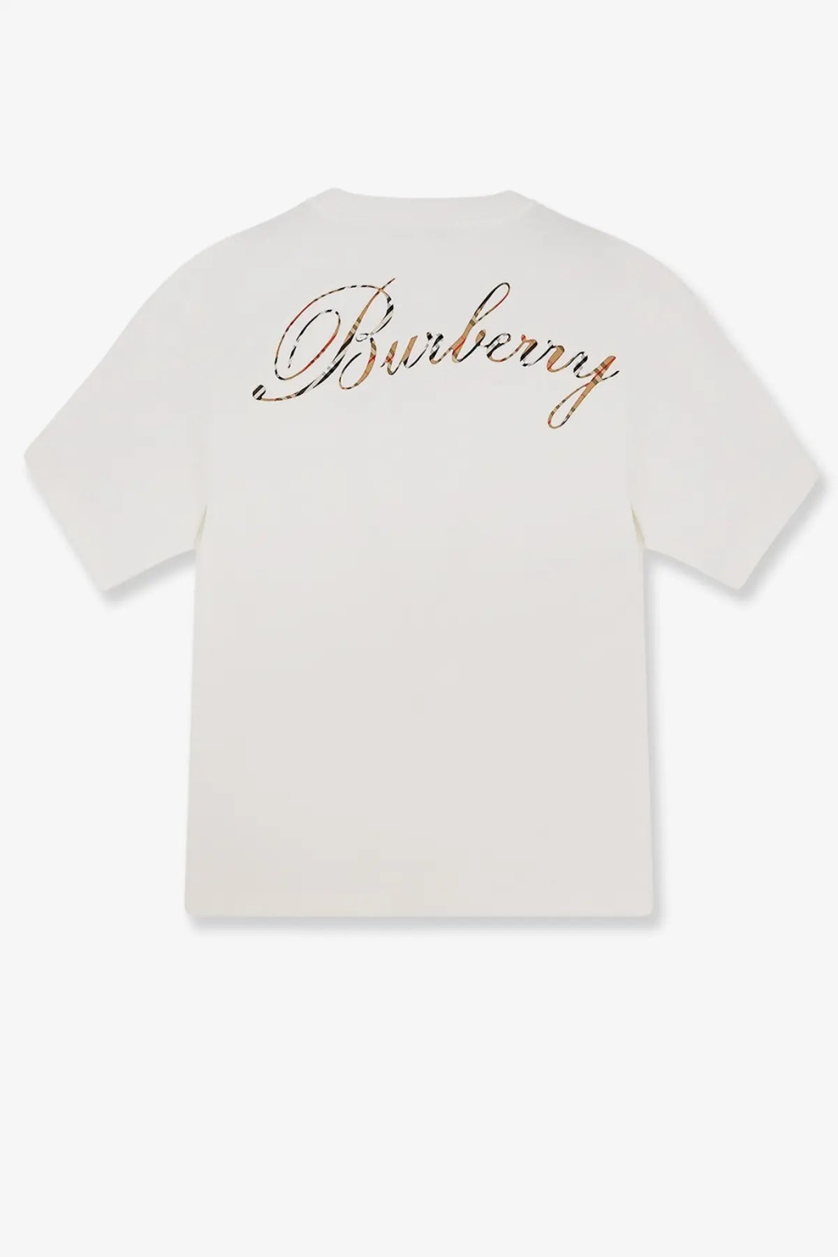 Cream-colored Burberry men’s Ryan organic cotton t-shirt with a cursive logo embroidered in gold and brown thread