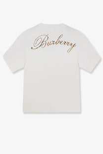 Cream-colored Burberry men’s Ryan organic cotton t-shirt with a cursive logo embroidered in gold and brown thread