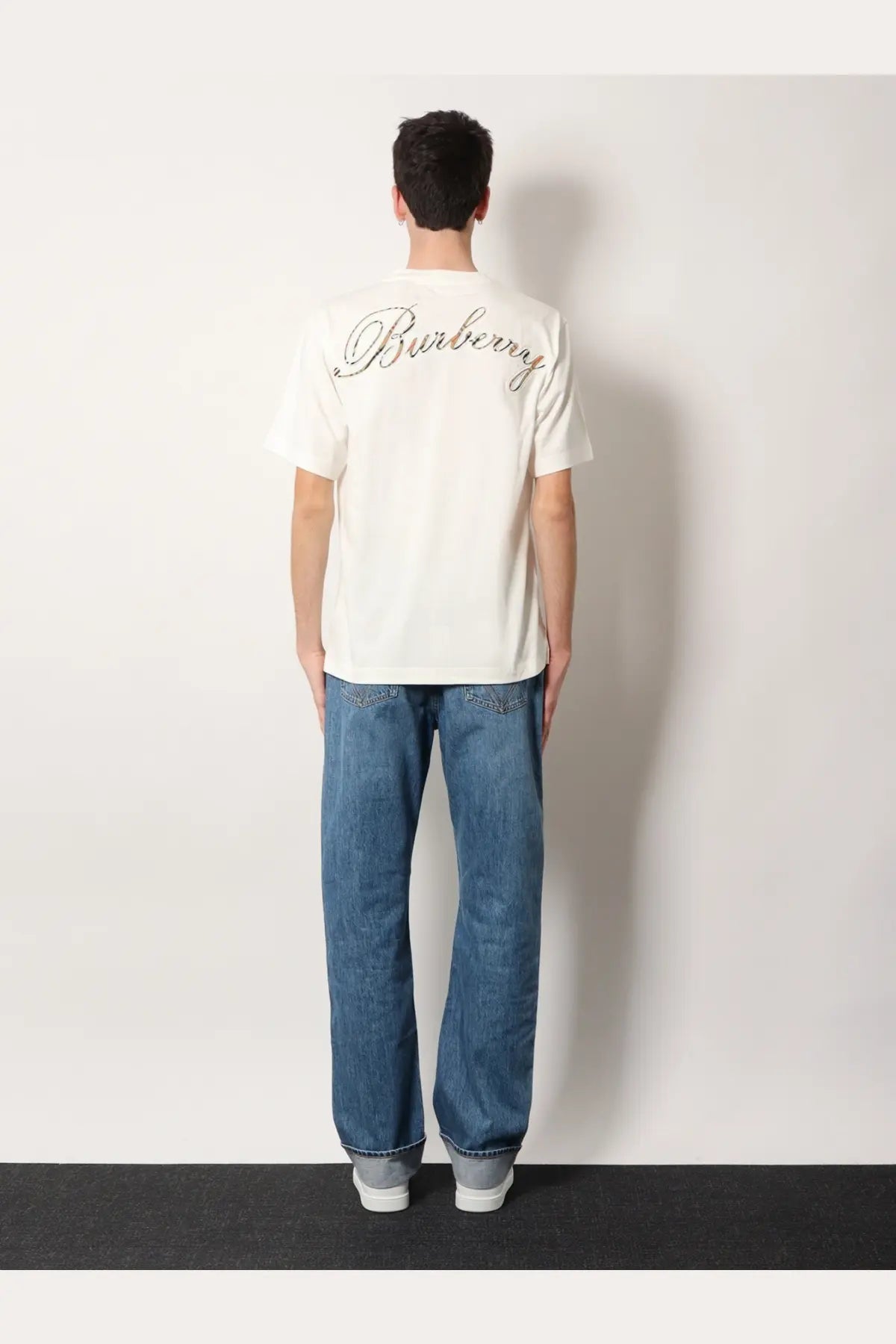 White burberry men’s ryan organic cotton shirt showing embroidered logo on the back