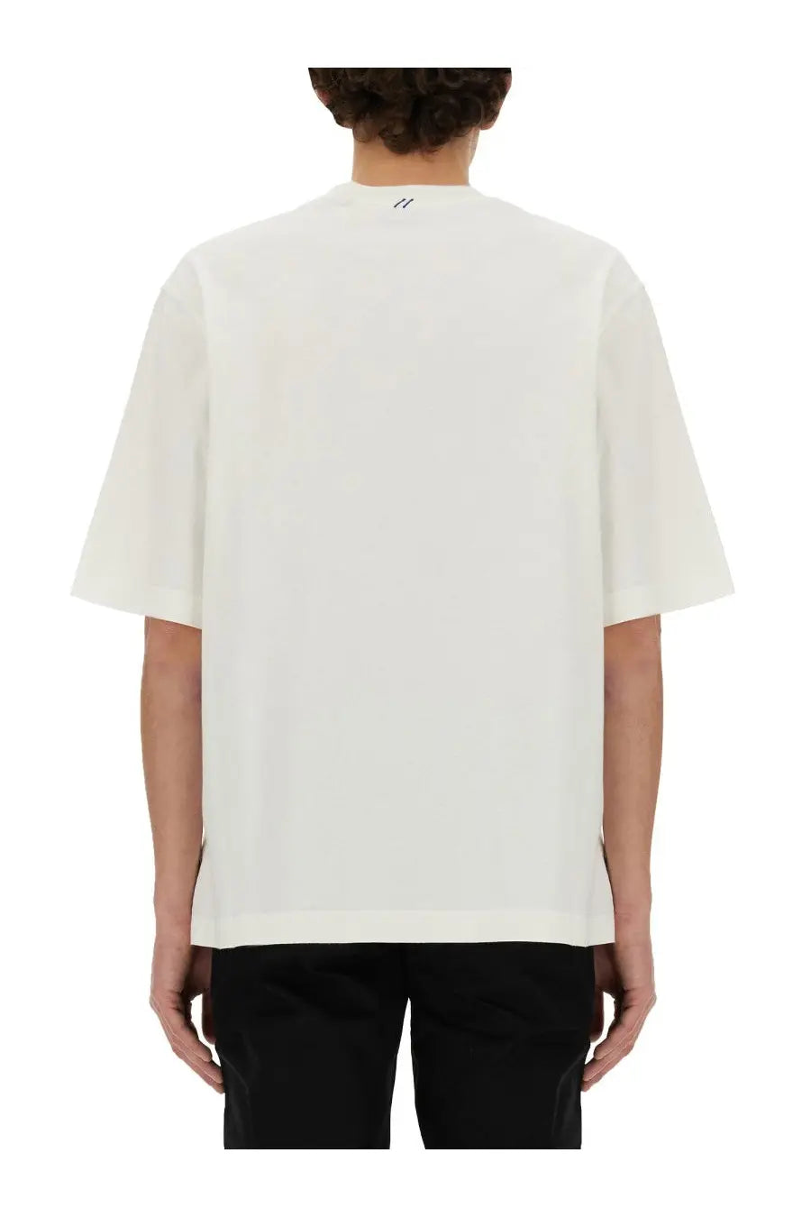 Burberry men’s shir white oversized short-sleeved t-shirt with subtle black logo at the neckline, front view