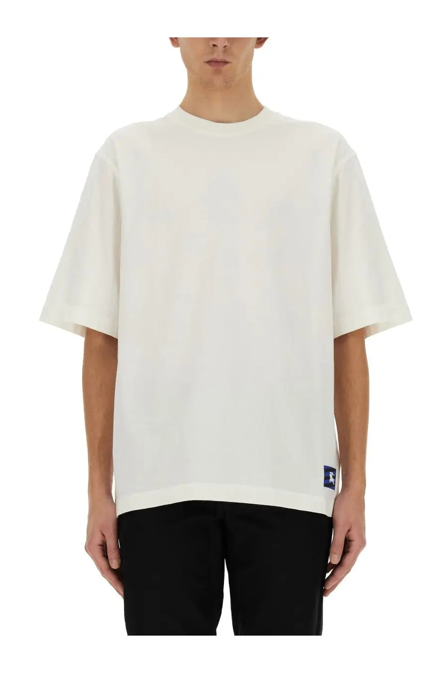 Off-white burberry men’s shir white oversized short-sleeved t-shirt with a subtle blue logo patch on lower left side