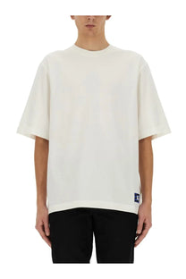 Off-white burberry men’s shir white oversized short-sleeved t-shirt with a subtle blue logo patch on lower left side