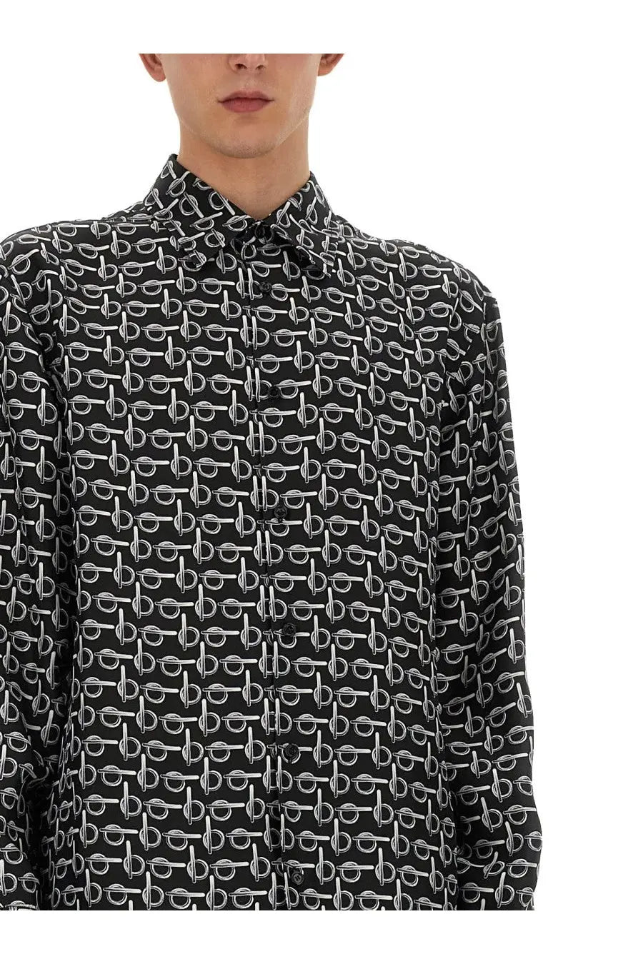 Burberry men’s black button-up shirt with repeating white geometric pattern perfect for casual wear