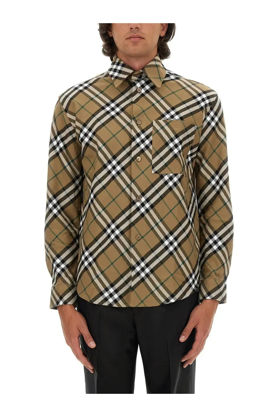 Burberry men’s long-sleeved button-up shirt in classic multicolor check pattern with tan black white and green lines