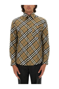 Burberry men’s long-sleeved button-up shirt in classic multicolor check pattern with tan black white and green lines