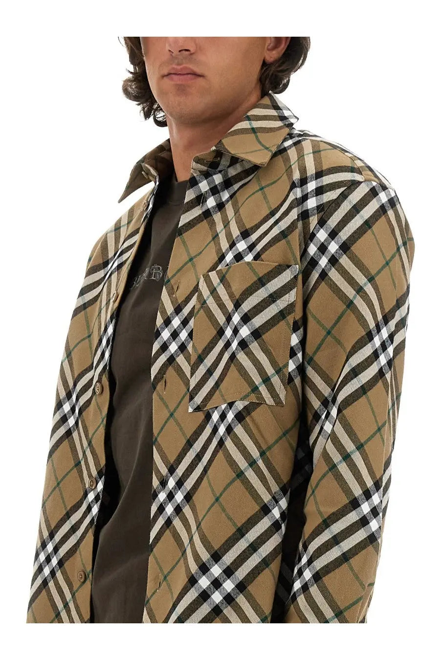 Burberry men’s multicolor shirt tan black and white plaid flannel with classic check pattern