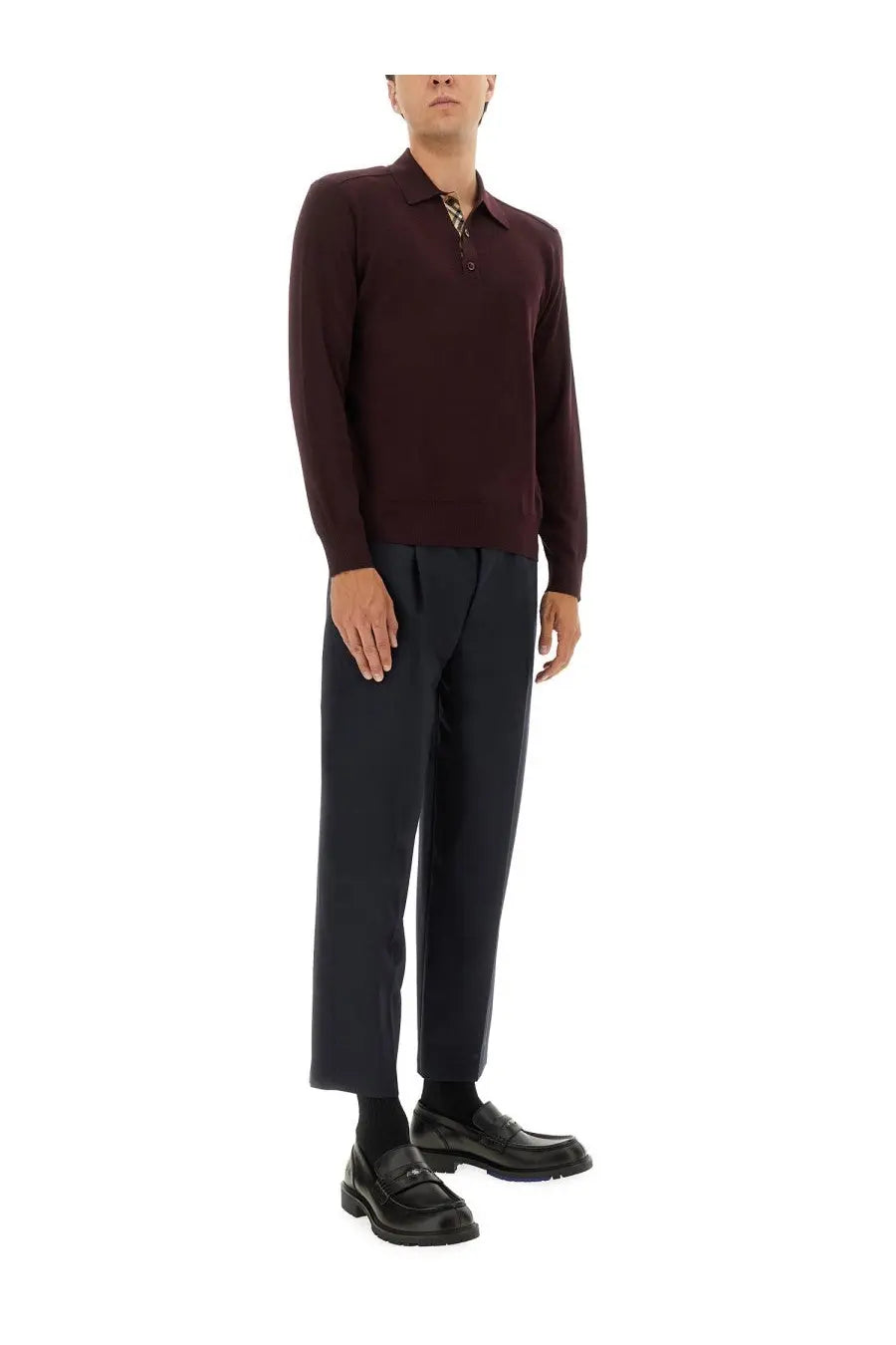 Burberry men’s dark burgundy long-sleeved knit polo shirt with subtle textured pattern and buttoned placket