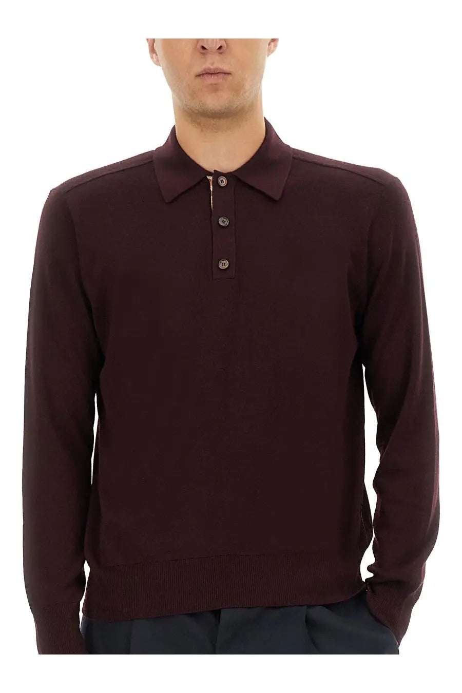 Burberry men’s dark burgundy long-sleeved polo shirt with ribbed collar and cuffs made from soft fabric