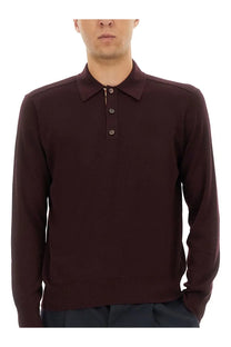 Burberry men’s dark burgundy long-sleeved polo shirt with ribbed collar and cuffs made from soft fabric
