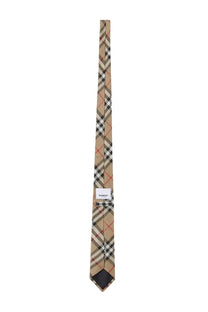 Burberry men’s silk check tie in beige black and red with a classic plaid pattern and check design