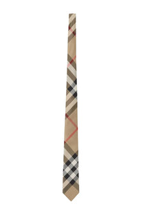 Beige gray black and red checkered Burberry men’s silk tie featuring classic Burberry pattern design
