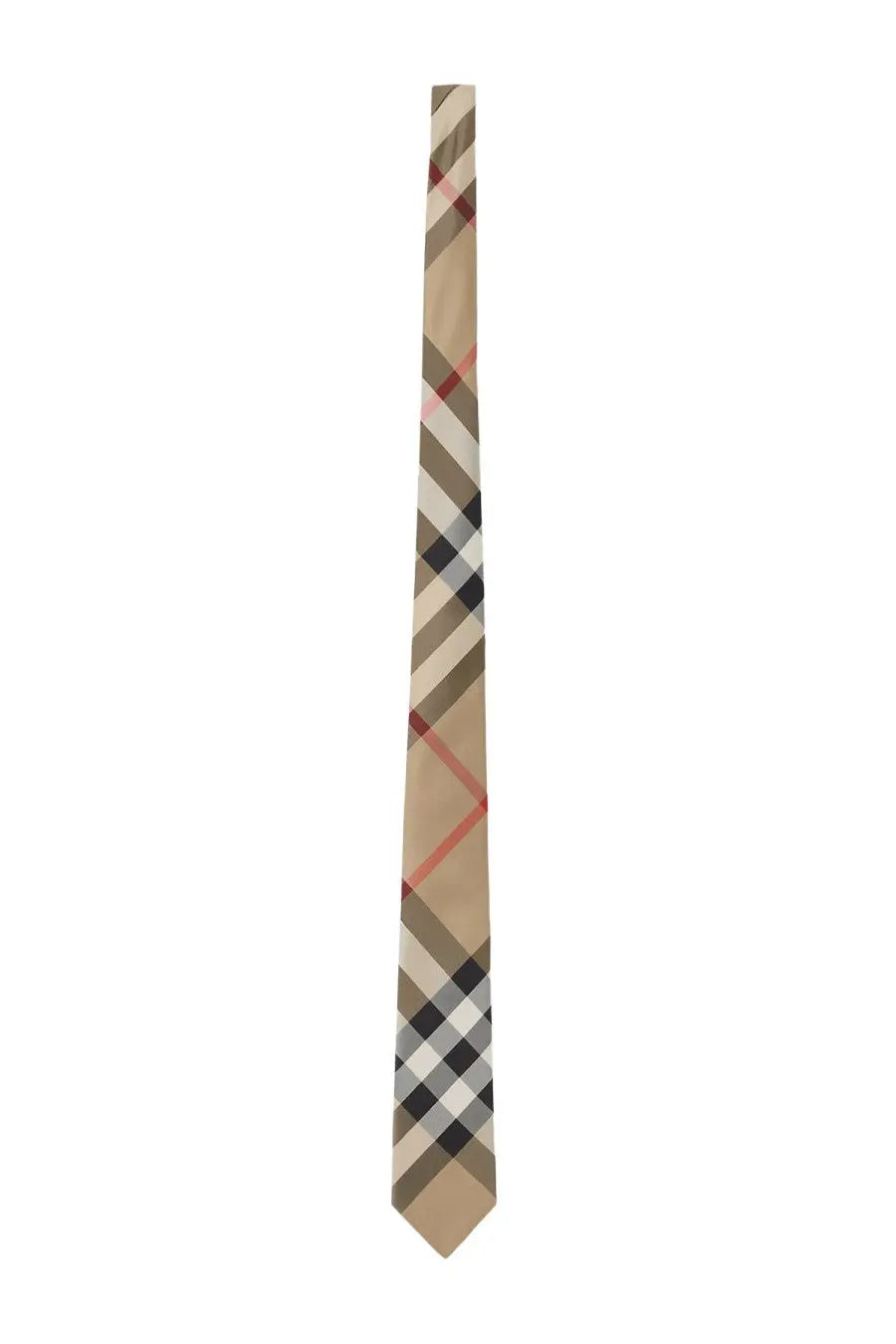 Beige gray black and red checkered silk tie with classic Burberry pattern for men