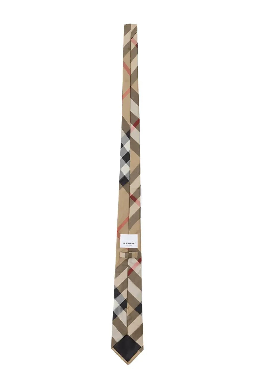 Burberry men’s silk tie in beige with red check pattern and classic diagonal grid design